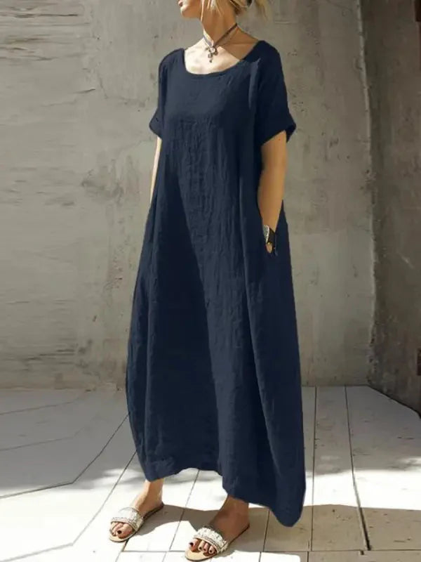 Navy blue casual maxi dress with short sleeves and round neckline, loose fit