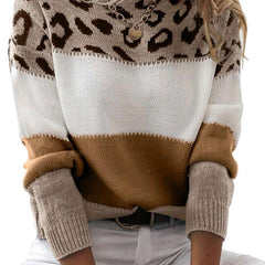 Leopard-print color block knit sweater with white center and tan cuffs
