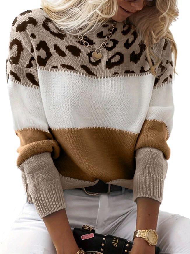 Leopard-print color block knit sweater with white center and tan cuffs