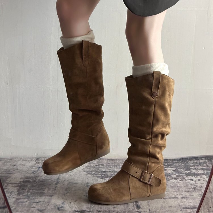 Brown suede flat-sole orthopedic boots with buckle ankle strap and side zipper