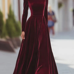 Red velvet dress with high neck, long sleeves, fitted bodice, flared skirt