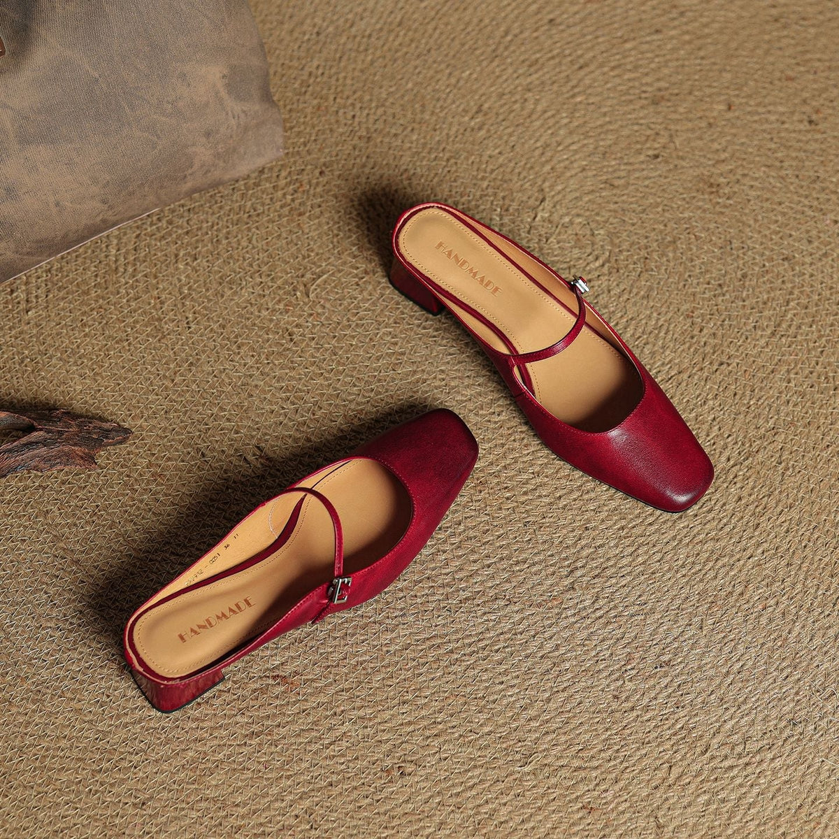 Red and apricot genuine leather mules with slingback straps and block heels