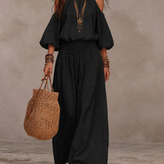 Liliana™ jumpsuit in black, cold-shoulder with puff sleeves and wide-leg pants