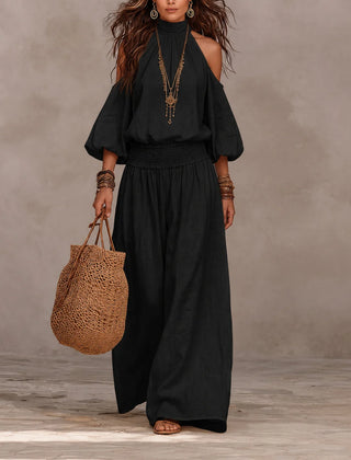 Liliana™ jumpsuit in black, cold-shoulder with puff sleeves and wide-leg pants