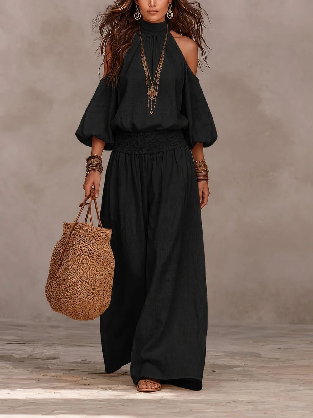 Liliana™ jumpsuit in black, cold-shoulder with puff sleeves and wide-leg pants