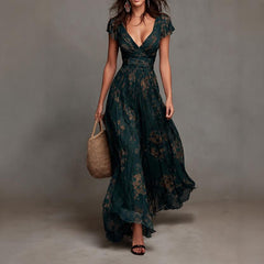 Women’s pleated maxi dress with dark green watercolor floral print, V-neck, cap sleeves