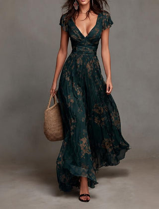 Women’s pleated maxi dress with dark green watercolor floral print, V-neck, cap sleeves