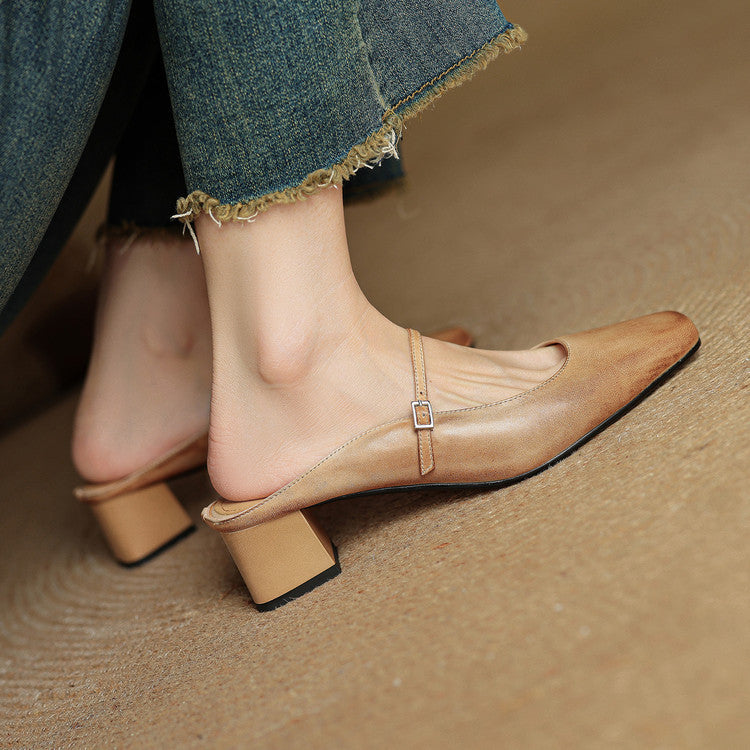 Apricot leather mules with side buckle and chunky block heel, rear view