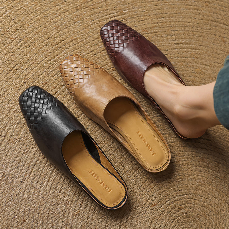Woven leather mule flats in khaki, brown, and black, open back