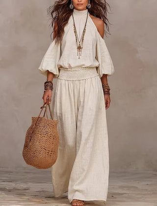 Liliana™ jumpsuit in beige, cold-shoulder with puff sleeves and wide-leg pants