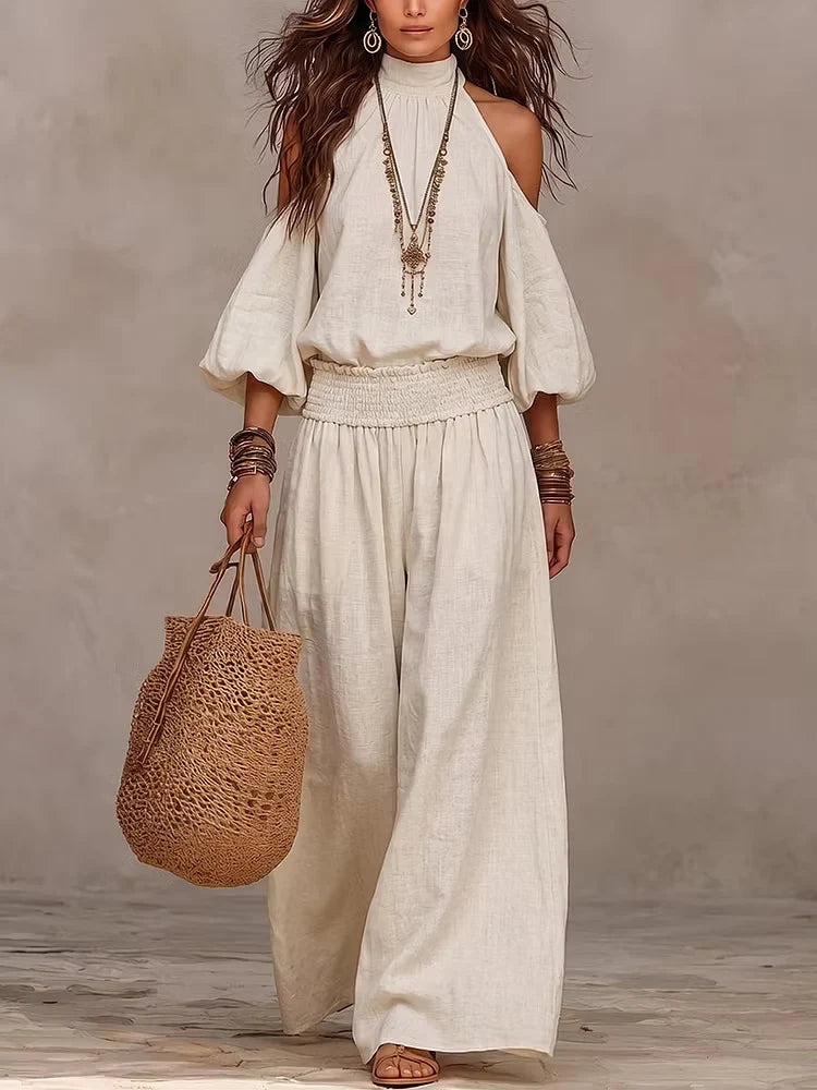 Liliana™ jumpsuit in beige, cold-shoulder with puff sleeves and wide-leg pants