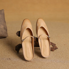 Apricot leather mules with pointed toe and buckle slingback, low block heel