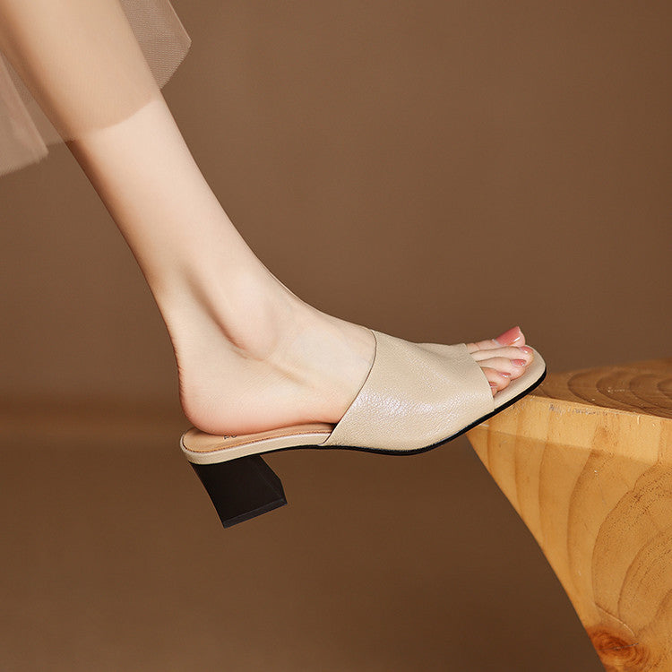 Beige genuine leather mule sandals, open toe, slip-on fit with block heel