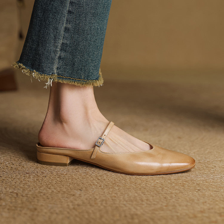 Apricot leather mule with square-toe design, thin strap with buckle, low heel
