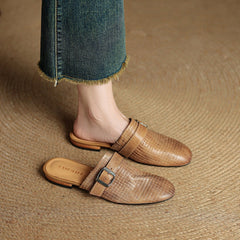 Brown woven-leather mule with buckle strap and low heel