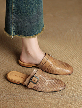 Brown woven-leather mule with buckle strap and low heel
