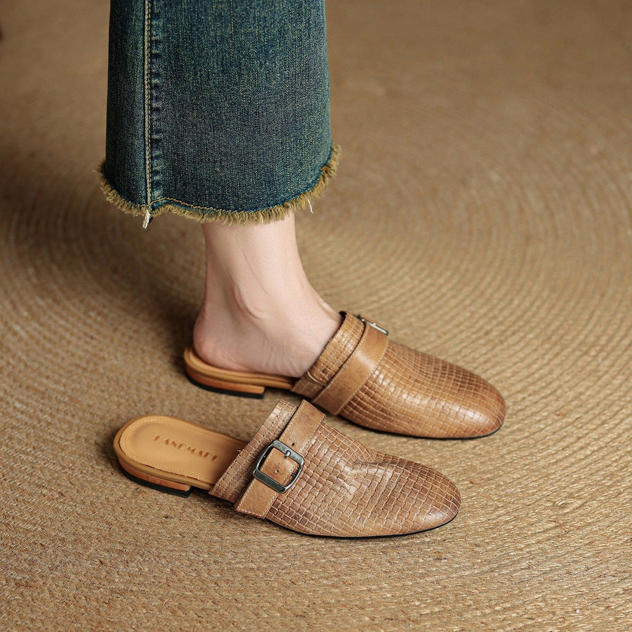 Brown woven-leather mule with buckle strap and low heel