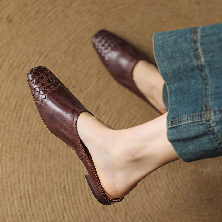 Burgundy genuine leather mules with woven square-toe and low flat heel