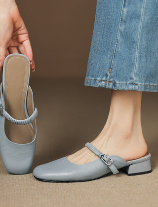 Light blue leather Mary Jane mules with elastic Mary Jane strap and block heel