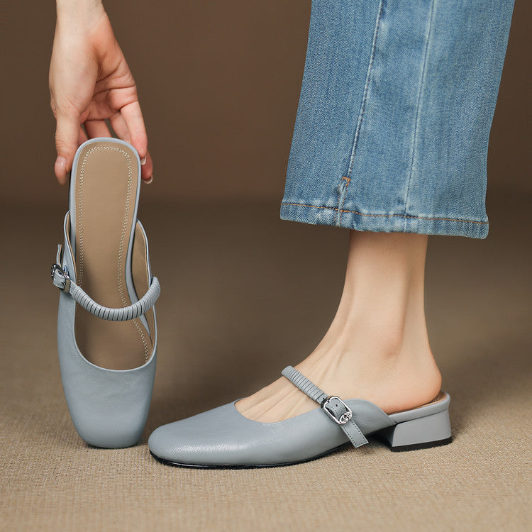 Light blue leather Mary Jane mules with elastic Mary Jane strap and block heel