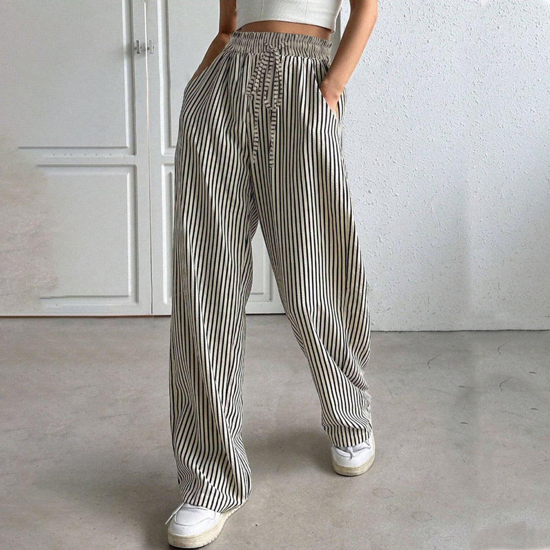Black striped trousers with drawstring waist and wide leg