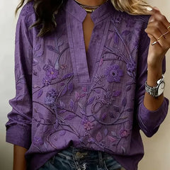 Purple embroidered popover blouse with V-neck and 3/4 sleeves, vine and leaf pattern