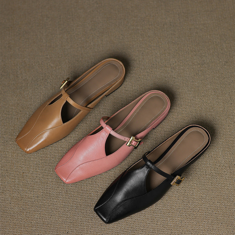 Leather mules in tan, pink, and black with slingback strap and buckle