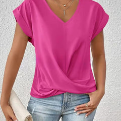 Women's V-neck T-shirt in hot pink, draped crossover front