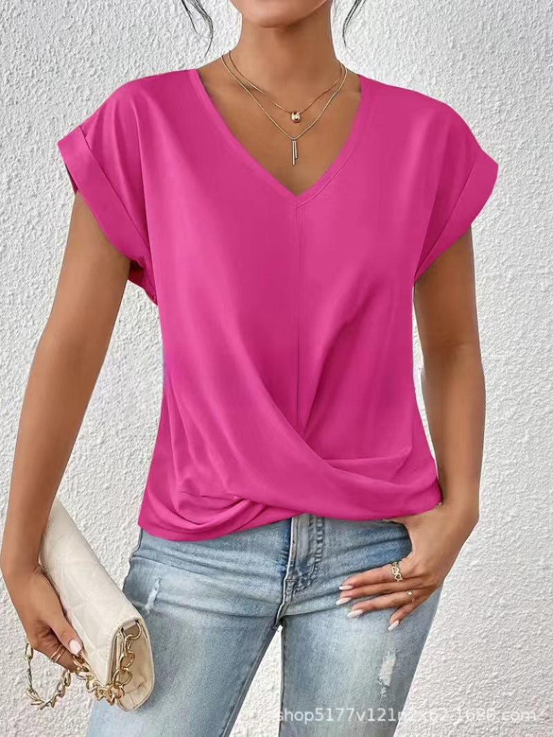 Women's V-neck T-shirt in hot pink, draped crossover front