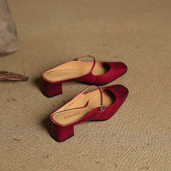 Red genuine leather mules with slingback strap and low block heel