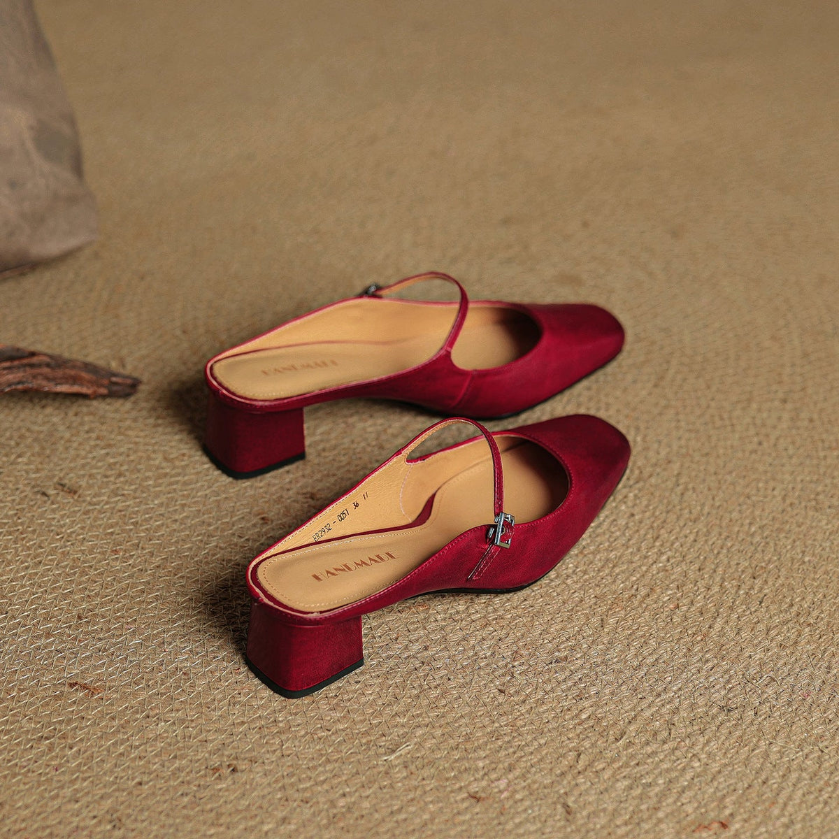 Red genuine leather mules with slingback strap and low block heel