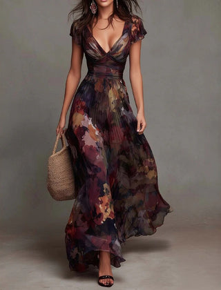 Women’s pleated maxi dress with dark watercolor floral print, V-neck, cap sleeves, long hem