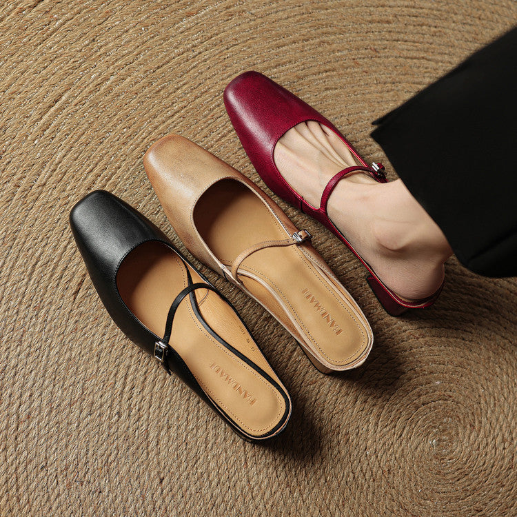 Esmer genuine leather mules in black, apricot, and red with T-strap buckles
