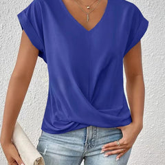Women's V-neck T-shirt in royal blue, draped crossover front