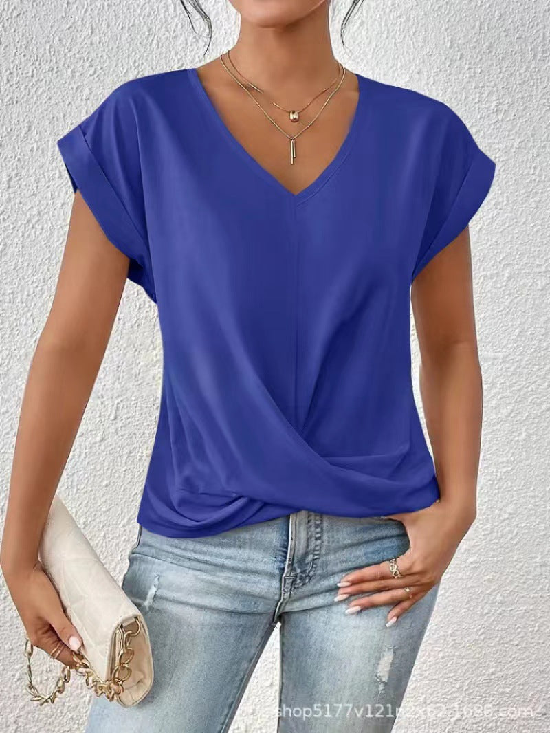 Women's V-neck T-shirt in royal blue, draped crossover front