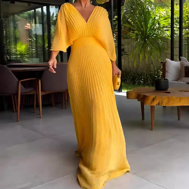 Mustard yellow ribbed V-neck maxi dress with gathered waist and 3/4 sleeves