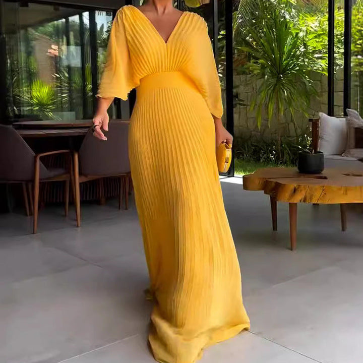 Mustard yellow ribbed V-neck maxi dress with gathered waist and 3/4 sleeves