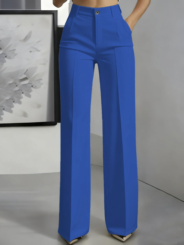 High-waisted straight-leg trousers in blue, button closure, straight legs.