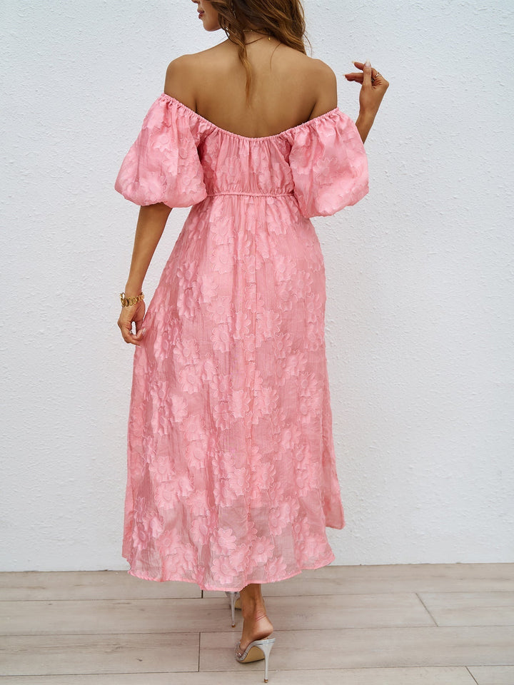 Pink off-shoulder midi dress, back view, with puff sleeves and full gathered skirt