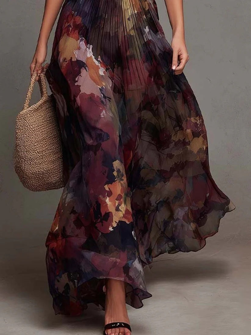 Women’s pleated maxi dress with watercolor floral print, cap sleeves, V-neck, flowing skirt