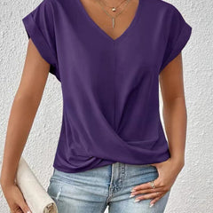 Women's V-neck T-shirt in violet purple, draped crossover front
