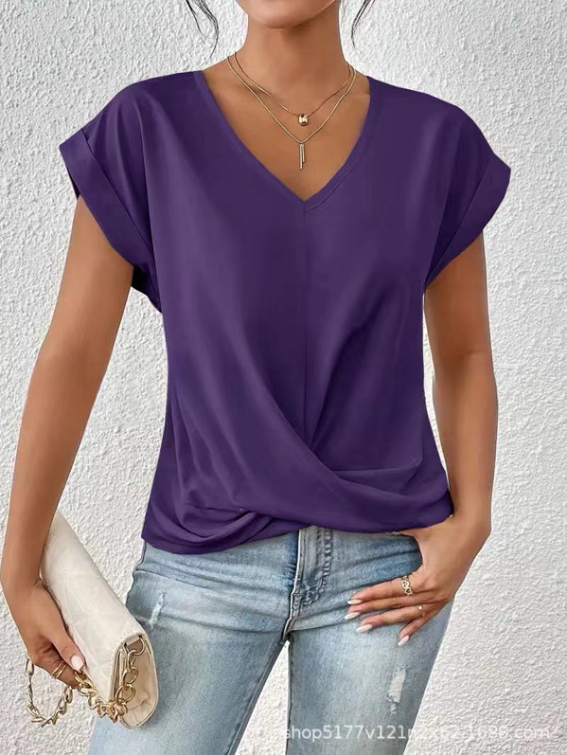 Women's V-neck T-shirt in violet purple, draped crossover front