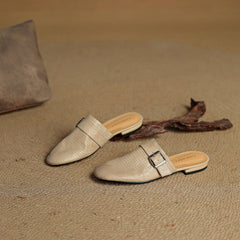 Beige leather mules with square buckle strap, one shown with backless profile