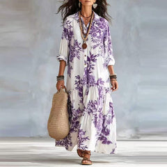 Tiered button-down maxi dress with purple floral print and three-quarter sleeves