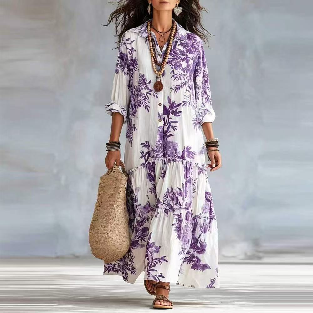 Tiered button-down maxi dress with purple floral print and three-quarter sleeves