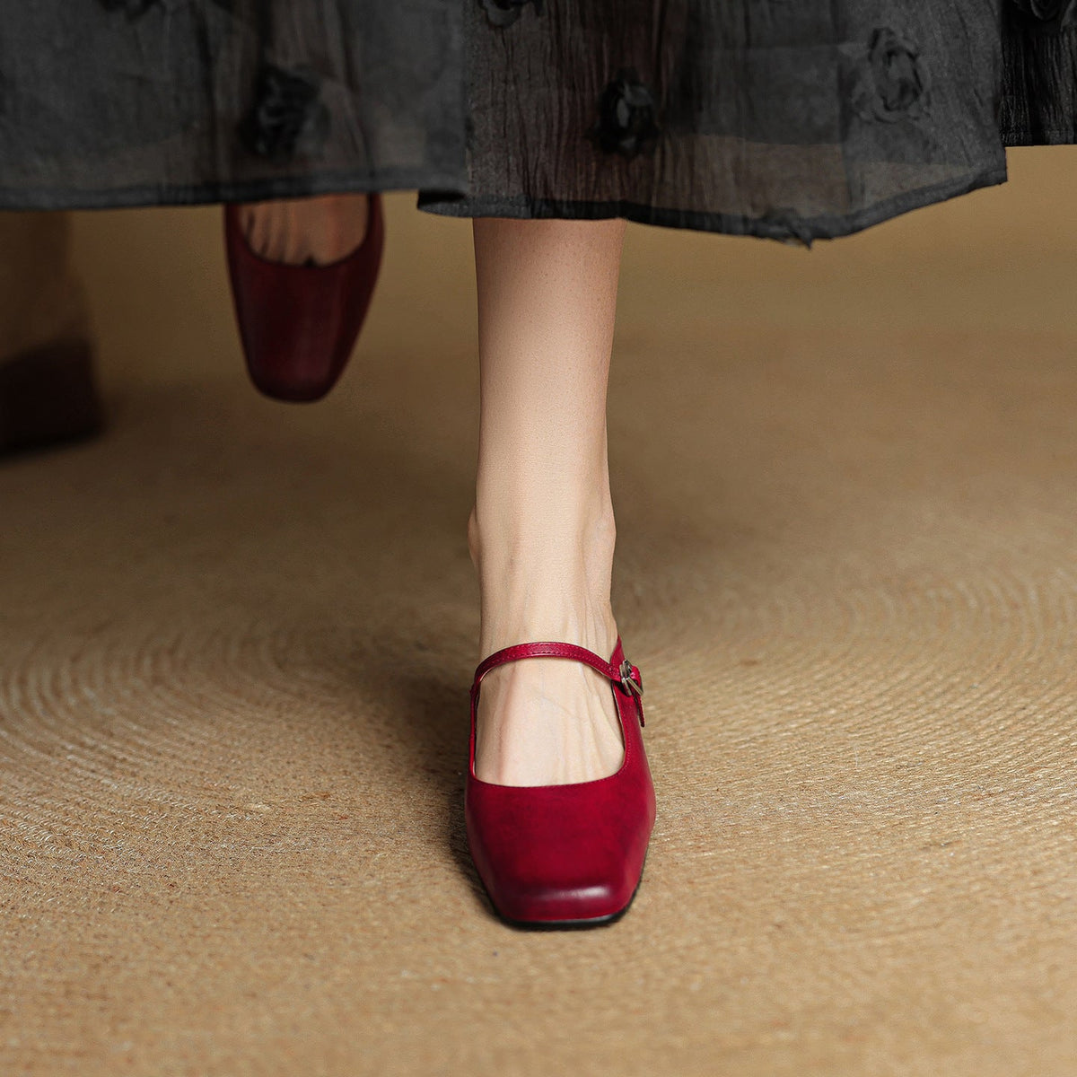 Red genuine leather mule heels with slingback strap on model
