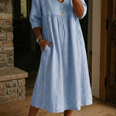 Light blue lightweight maxi dress with gathered bodice and 3/4 ruched sleeves