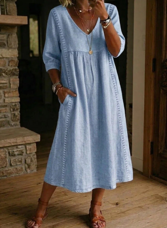 Light blue lightweight maxi dress with gathered bodice and 3/4 ruched sleeves