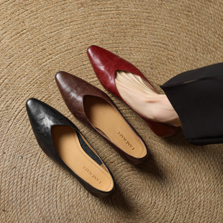 Assorted leather mules: black, maroon, and brown pointed toes with low heels