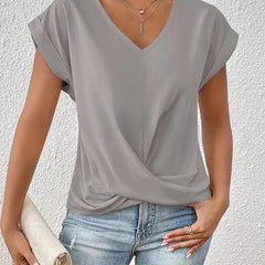 Women's V-neck T-shirt in light gray, draped crossover front